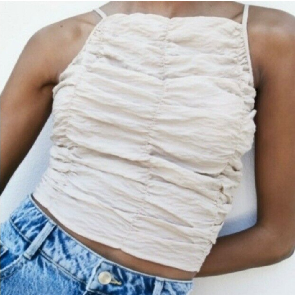 Zara Ruched Halter Crop Top Light Tan Smocked Draped Stretch Women's Size S